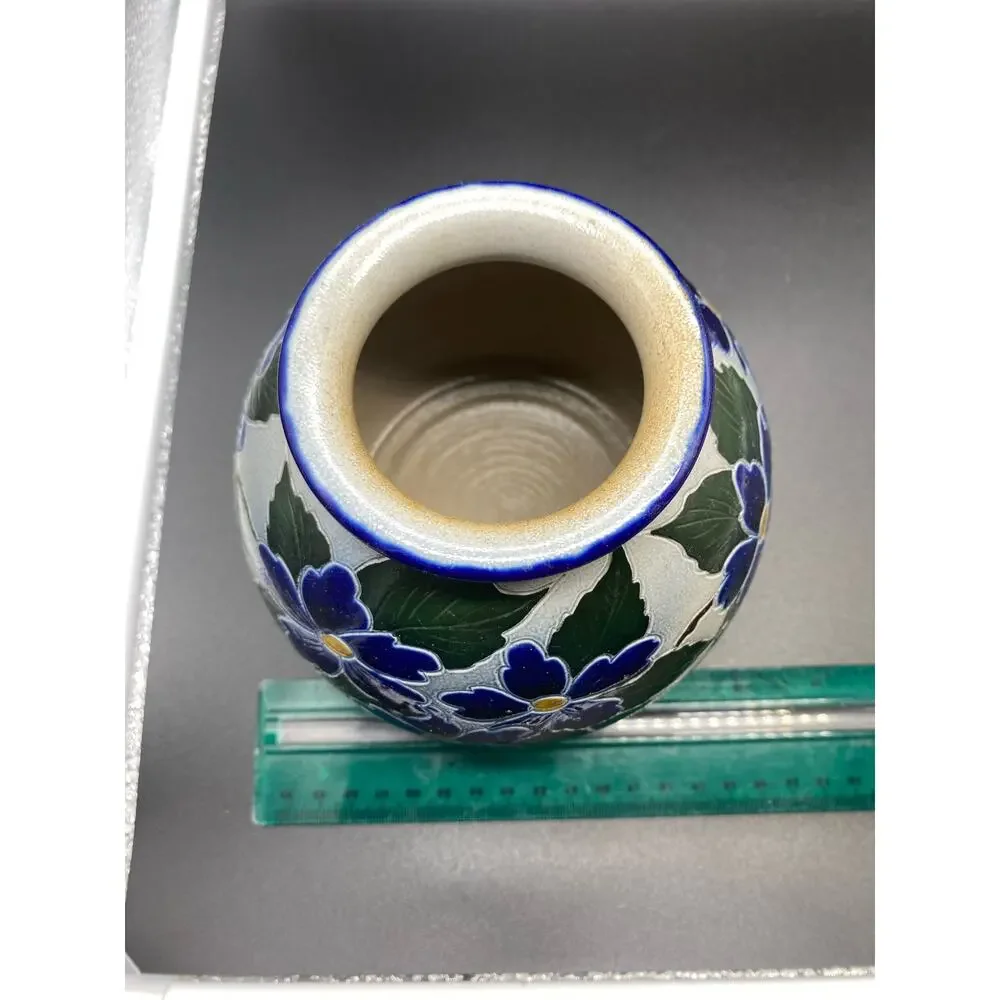 ALSACE Salt Glaze Vintage Betschdorf Cobalt Flowers, French Vase‎ signed pottery